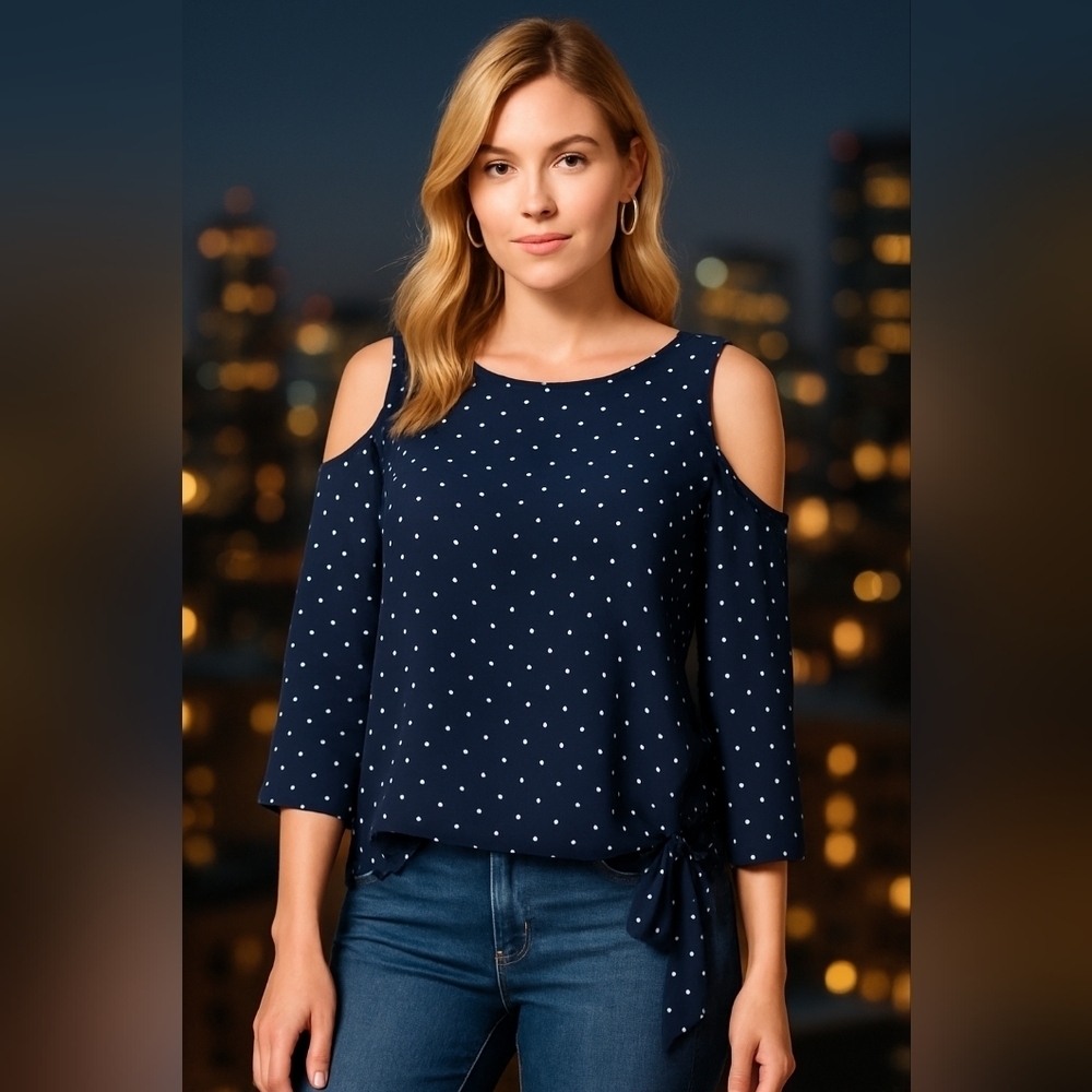 3/$20 NY&Co Navy Polka Dot Cold Shoulder Top, Size Large